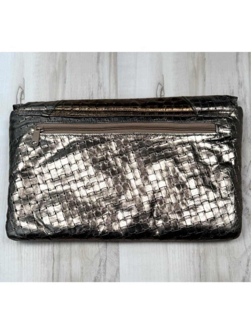 VTG 1980s 13.5"x8.5" Two-Tone Gold Leather Lattice Design CLUTCH Purse Strap USA - Picture 5 of 9